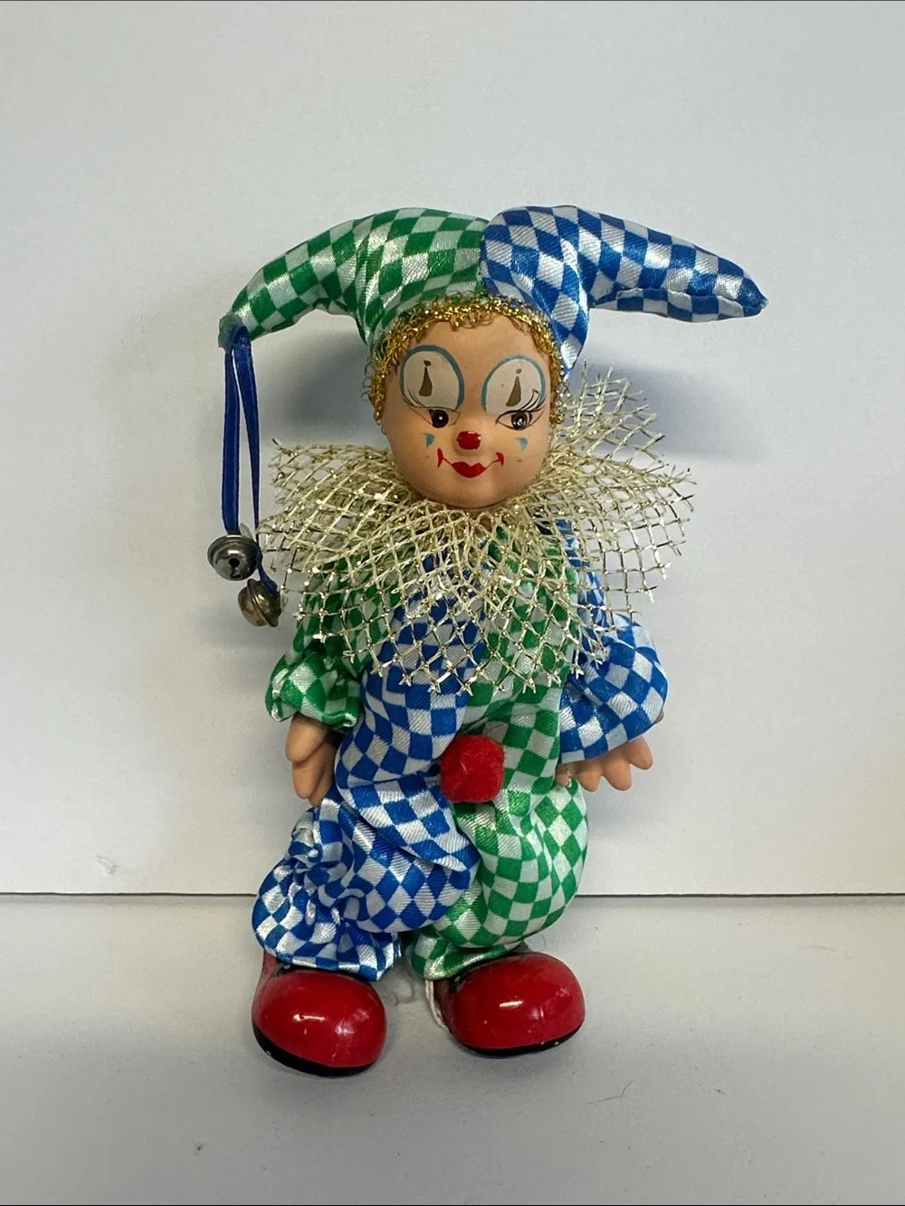 Handmade Jester Clown Ornament in Blue & Green Check